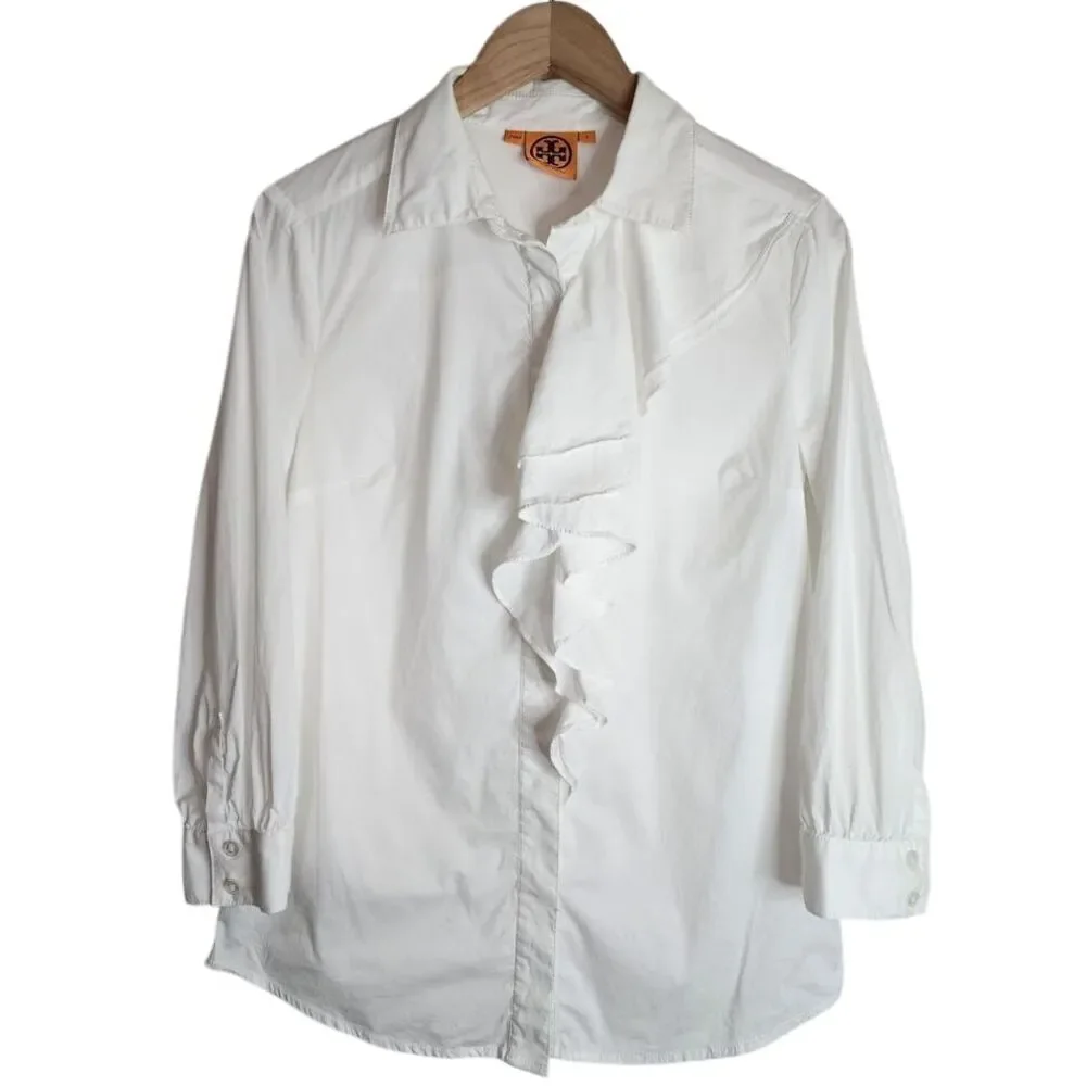 Tory Burch Button‎ Down Blouse Women's 6 Ruffle Office Top White